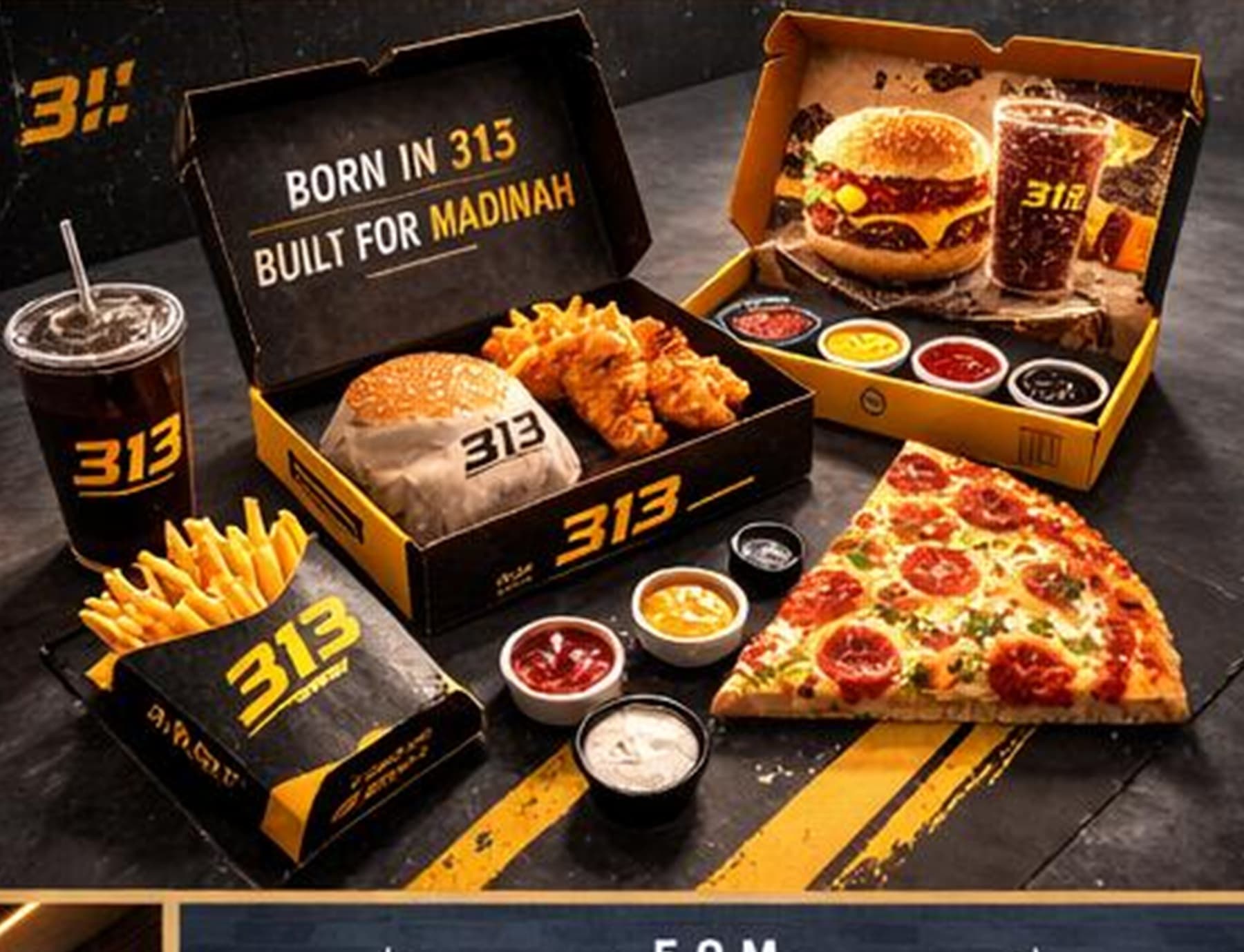 313 family combo meal with pizza, burgers, fries, and dips